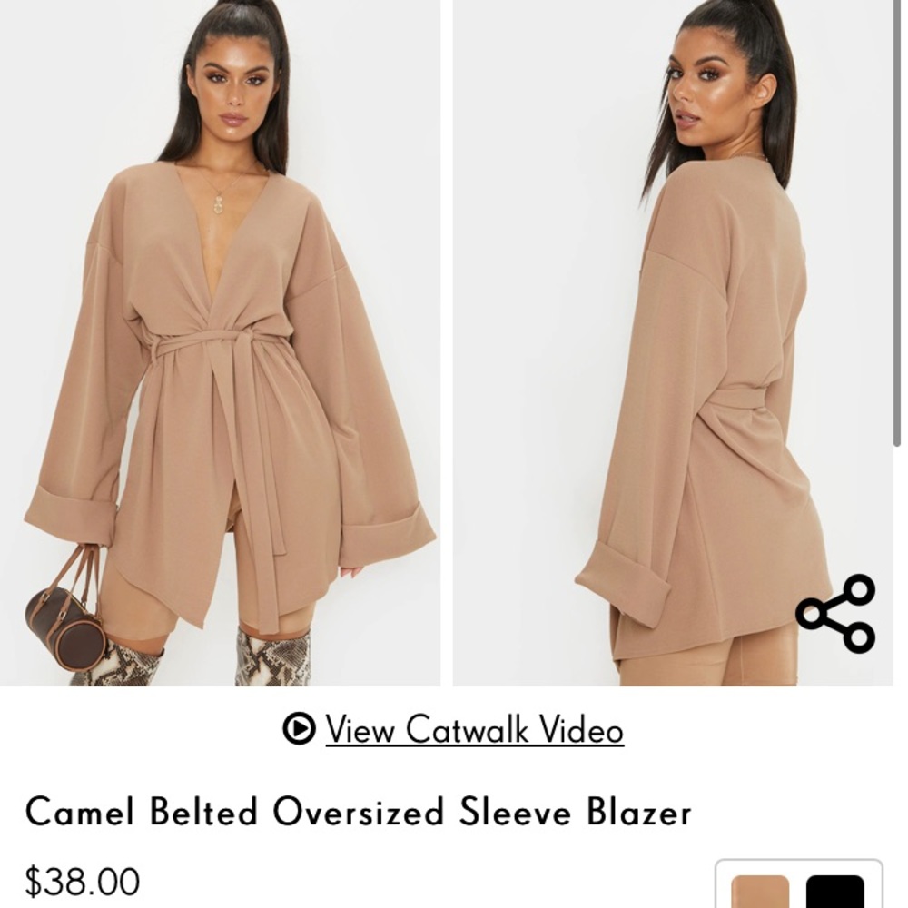 PLT Camel Belted Oversized Sleeve Blazer